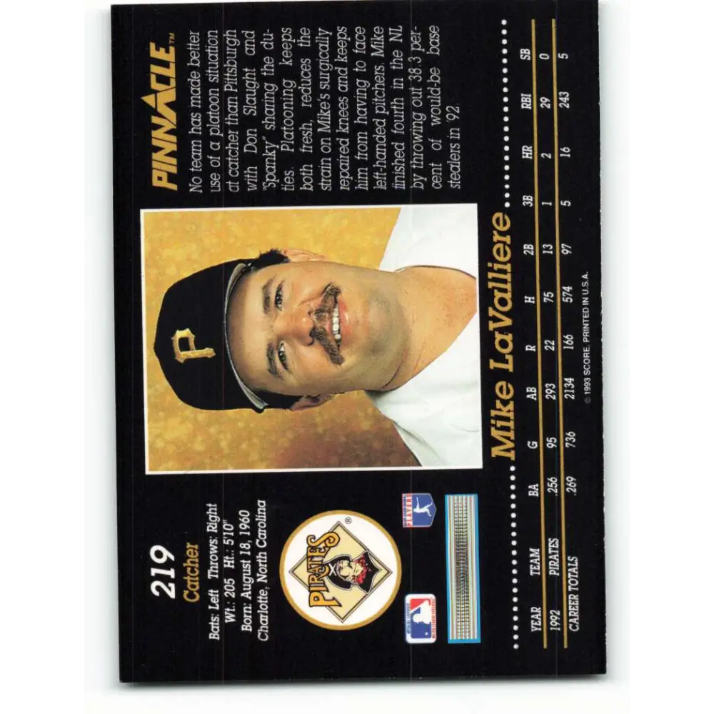 1993 Pinnacle #219 Mike LaValliere NM-MT Pittsburgh Pirates Baseball Card Image 2