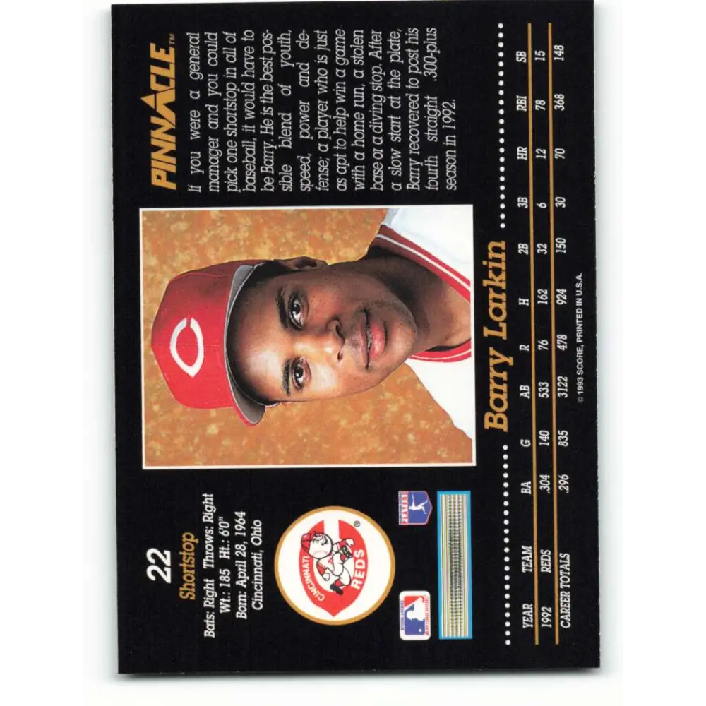 1993 Pinnacle #22 Barry Larkin NM-MT Cincinnati Reds Baseball Card Image 2