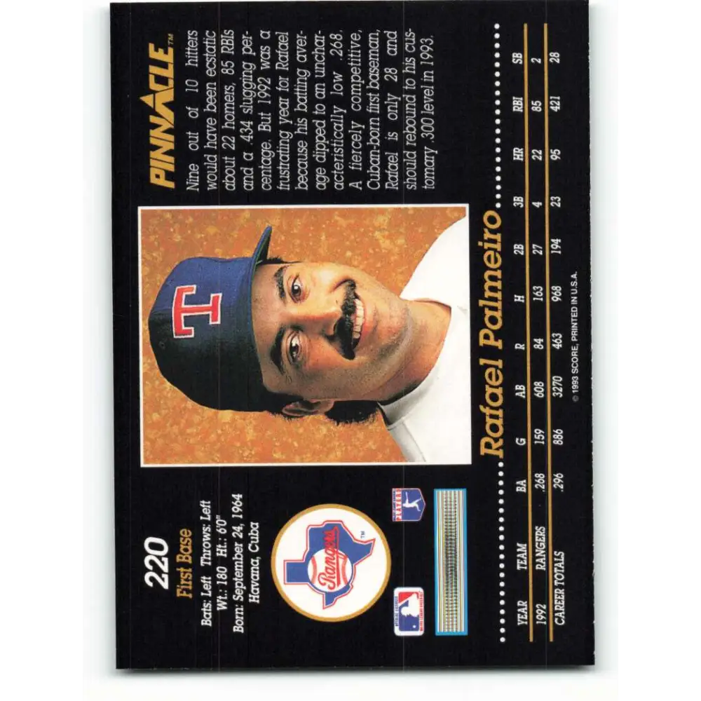 1993 Pinnacle #220 Rafael Palmeiro NM-MT Texas Rangers Baseball Card Image 2