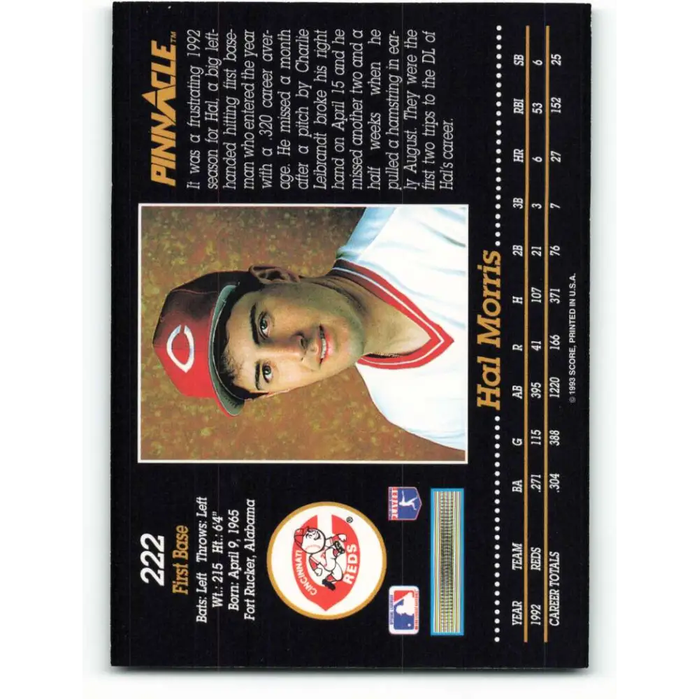 1993 Pinnacle #222 Hal Morris NM-MT Cincinnati Reds Baseball Card Image 2