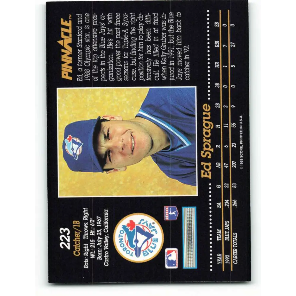 1993 Pinnacle #223 Ed Sprague NM-MT Toronto Blue Jays Baseball Card Image 2
