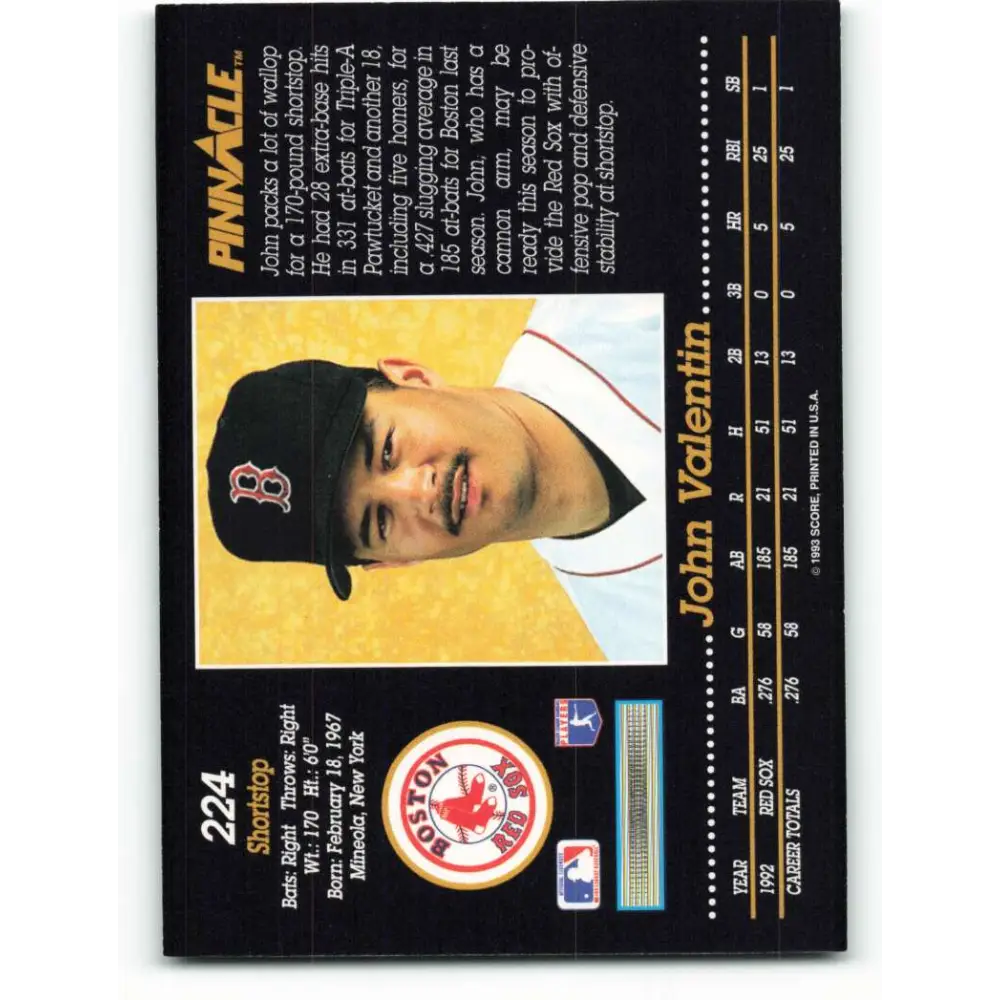 1993 Pinnacle #224 John Valentin NM-MT Boston Red Sox Baseball Card Image 2