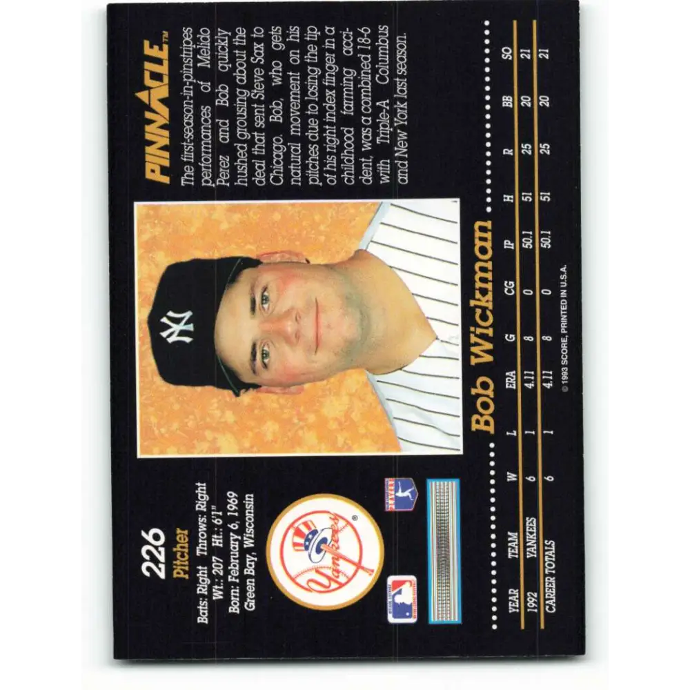 1993 Pinnacle #226 Bob Wickman NM-MT New York Yankees Baseball Card Image 2