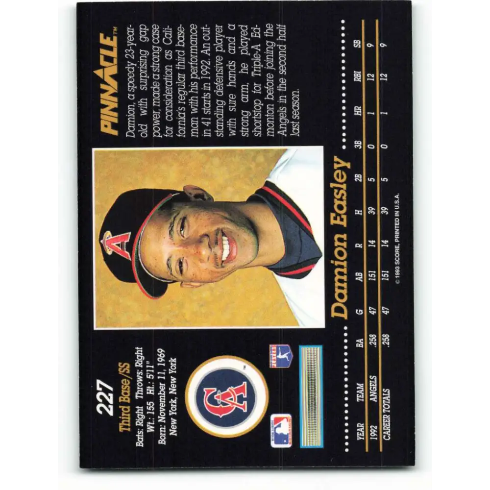 1993 Pinnacle #227 Damion Easley NM-MT California Angels Baseball Card Image 2