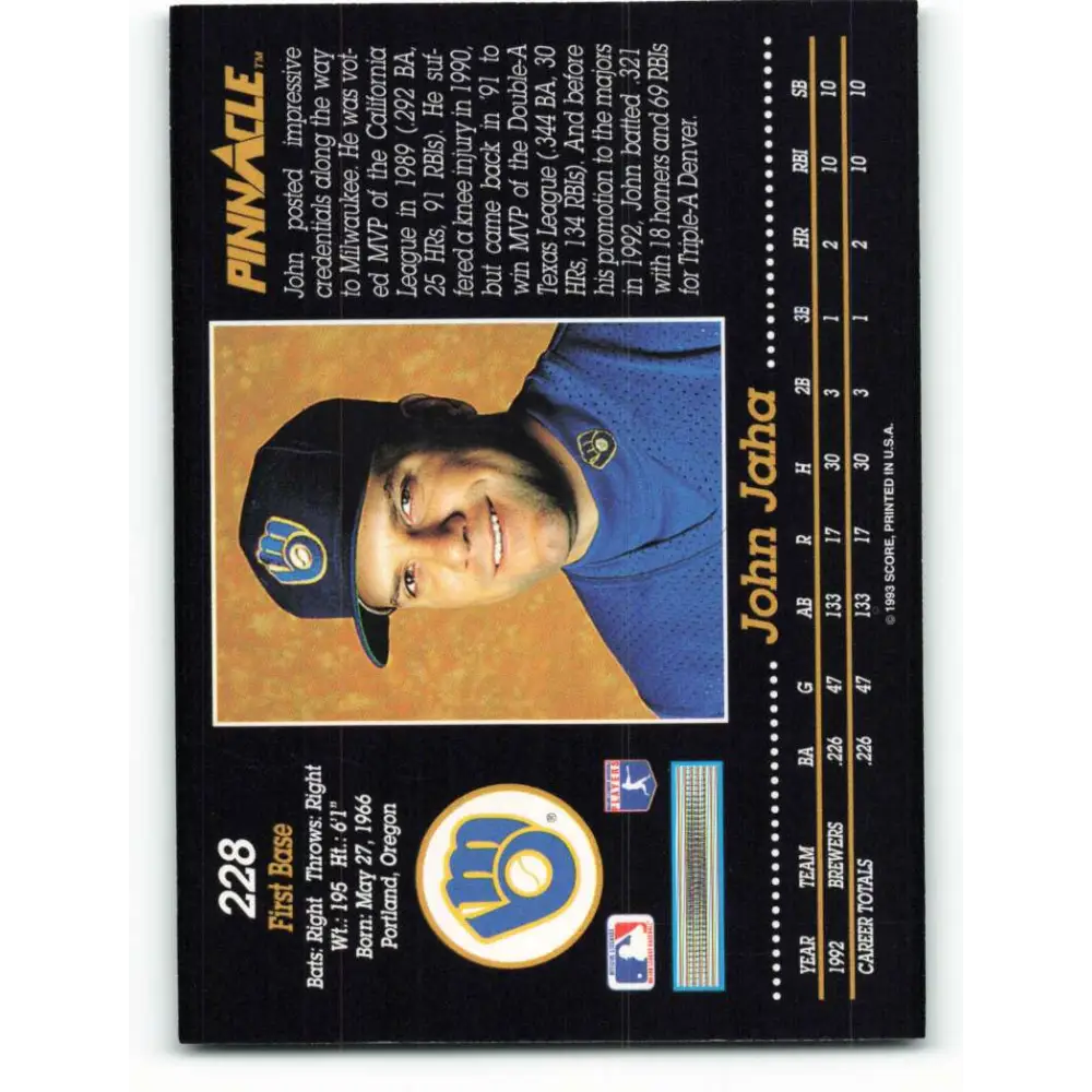 1993 Pinnacle #228 John Jaha NM-MT Milwaukee Brewers Baseball Card Image 2