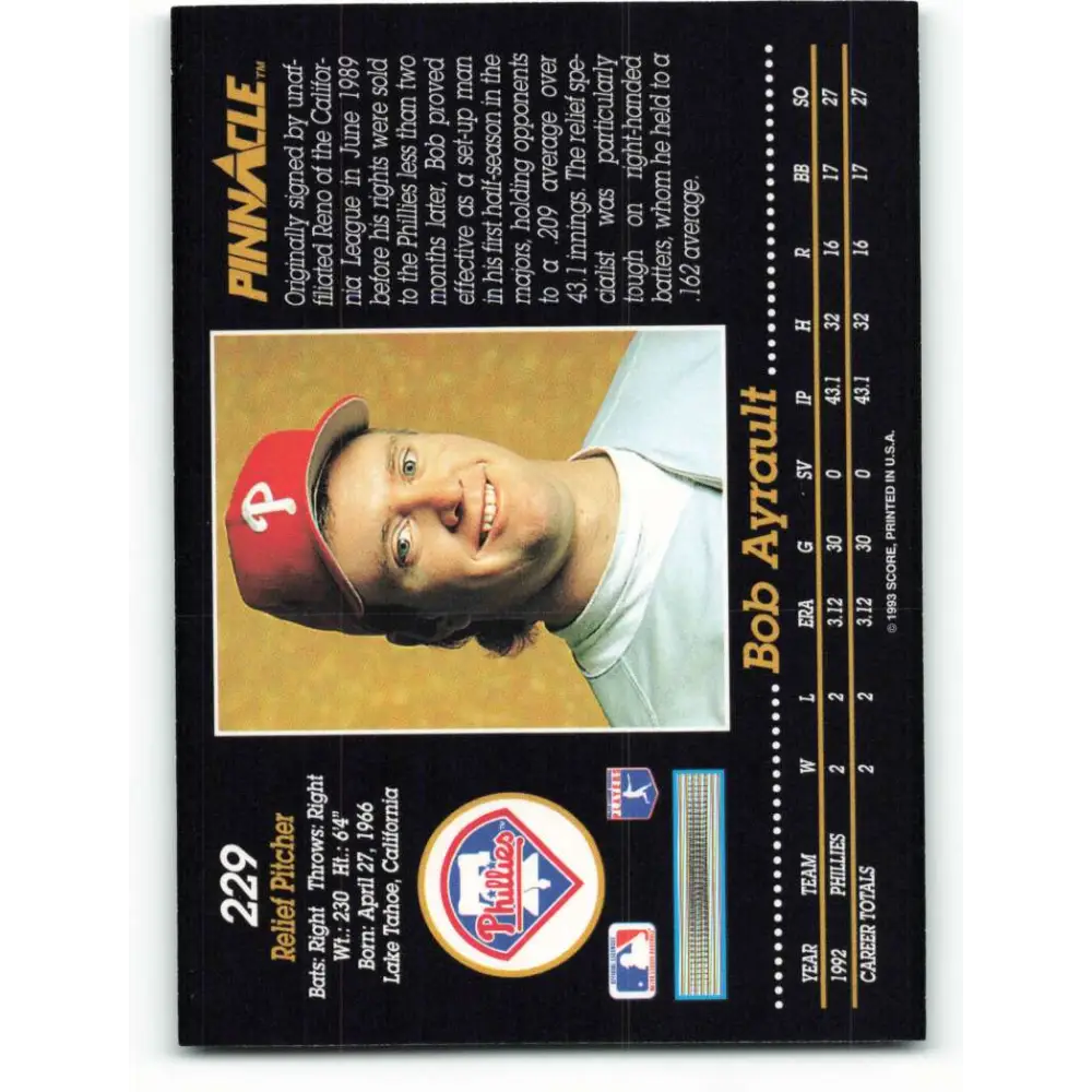 1993 Pinnacle #229 Bob Ayrault NM-MT Philadelphia Phillies Baseball Card Image 2