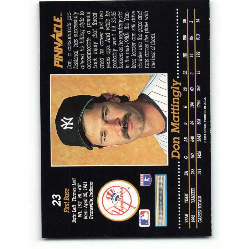 1993 Pinnacle #23 Don Mattingly NM-MT New York Yankees Baseball Card Image 2