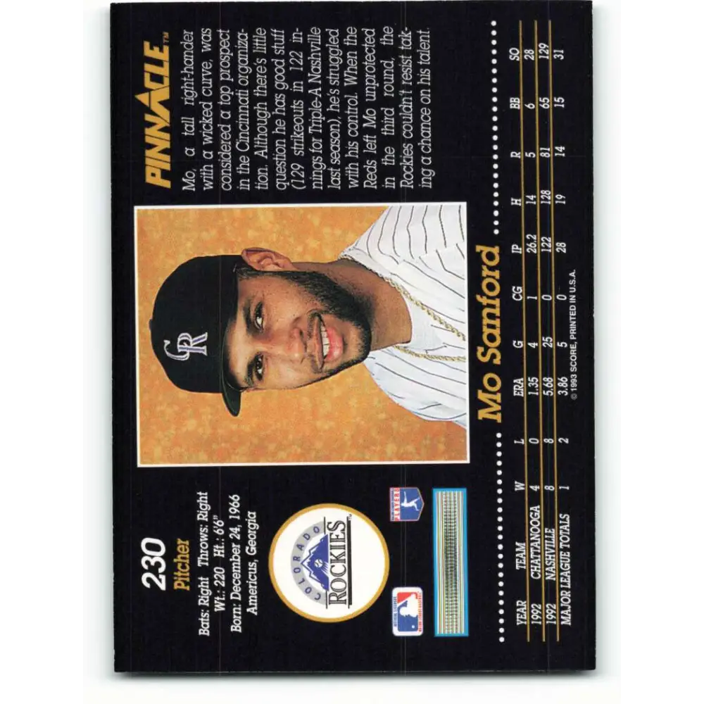 1993 Pinnacle #230 Mo Sanford NM-MT Colorado Rockies Baseball Card Image 2