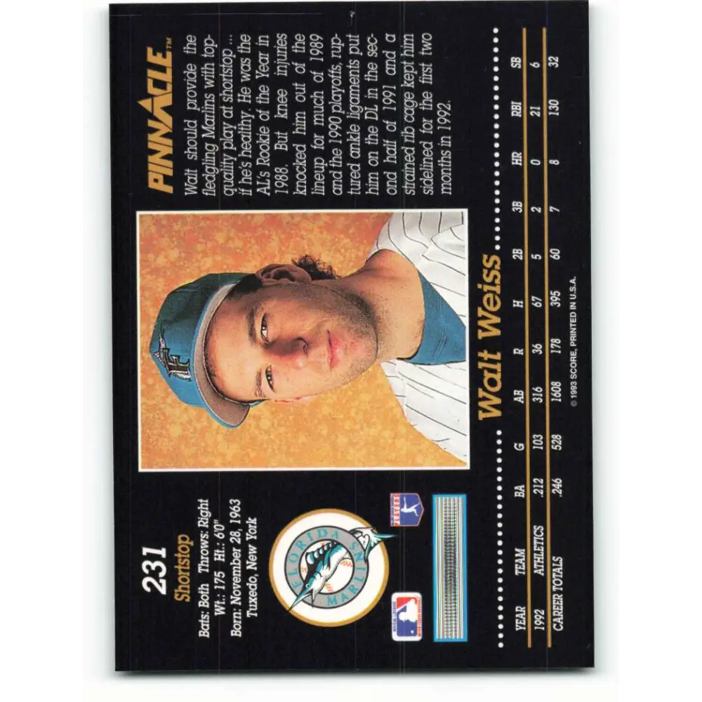 1993 Pinnacle #231 Walt Weiss NM-MT Florida Marlins Baseball Card Image 2