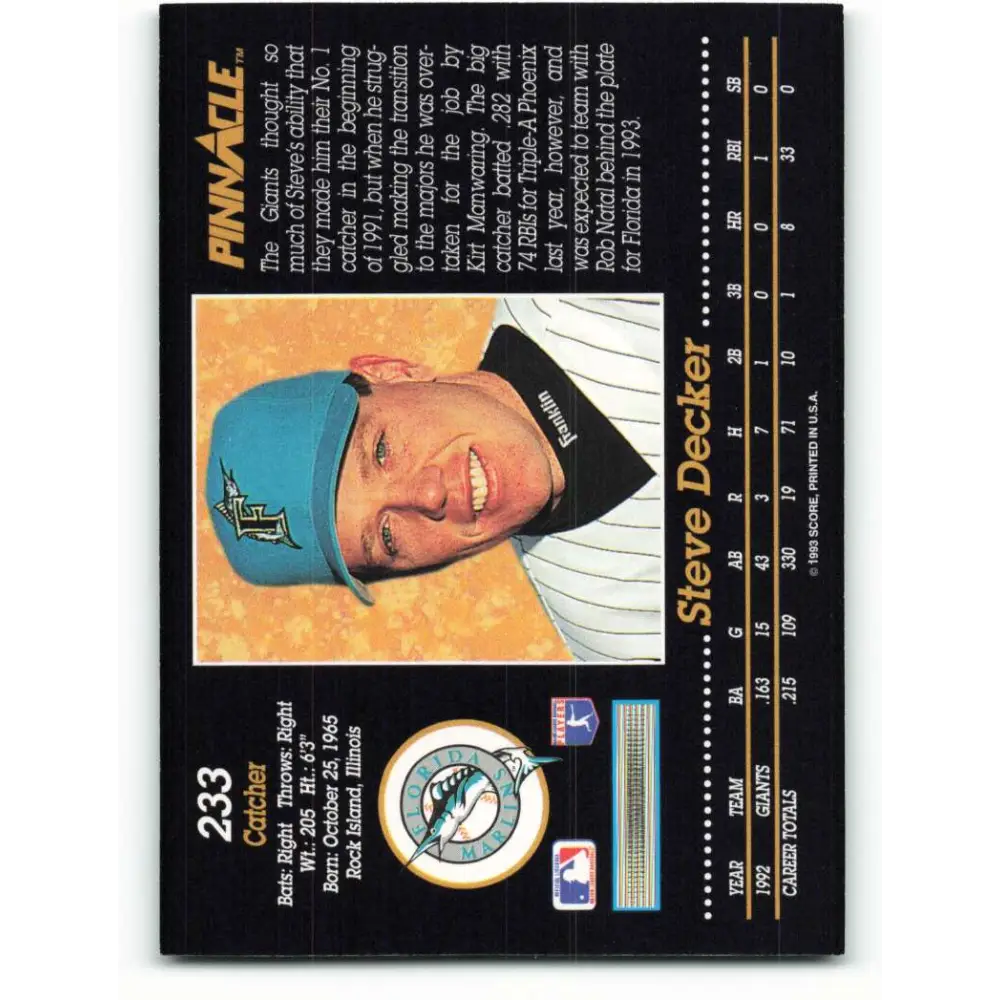 1993 Pinnacle #233 Steve Decker NM-MT Florida Marlins Baseball Card Image 2