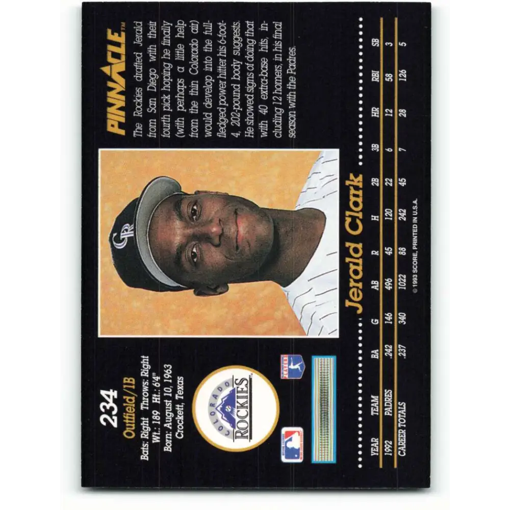 1993 Pinnacle #234 Jerald Clark NM-MT Colorado Rockies Baseball Card Image 2