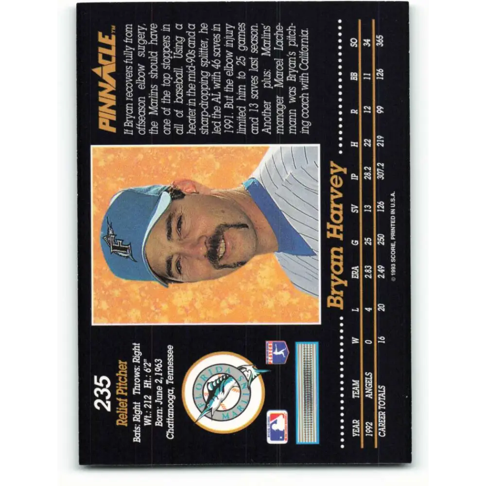 1993 Pinnacle #235 Bryan Harvey NM-MT Florida Marlins Baseball Card Image 2