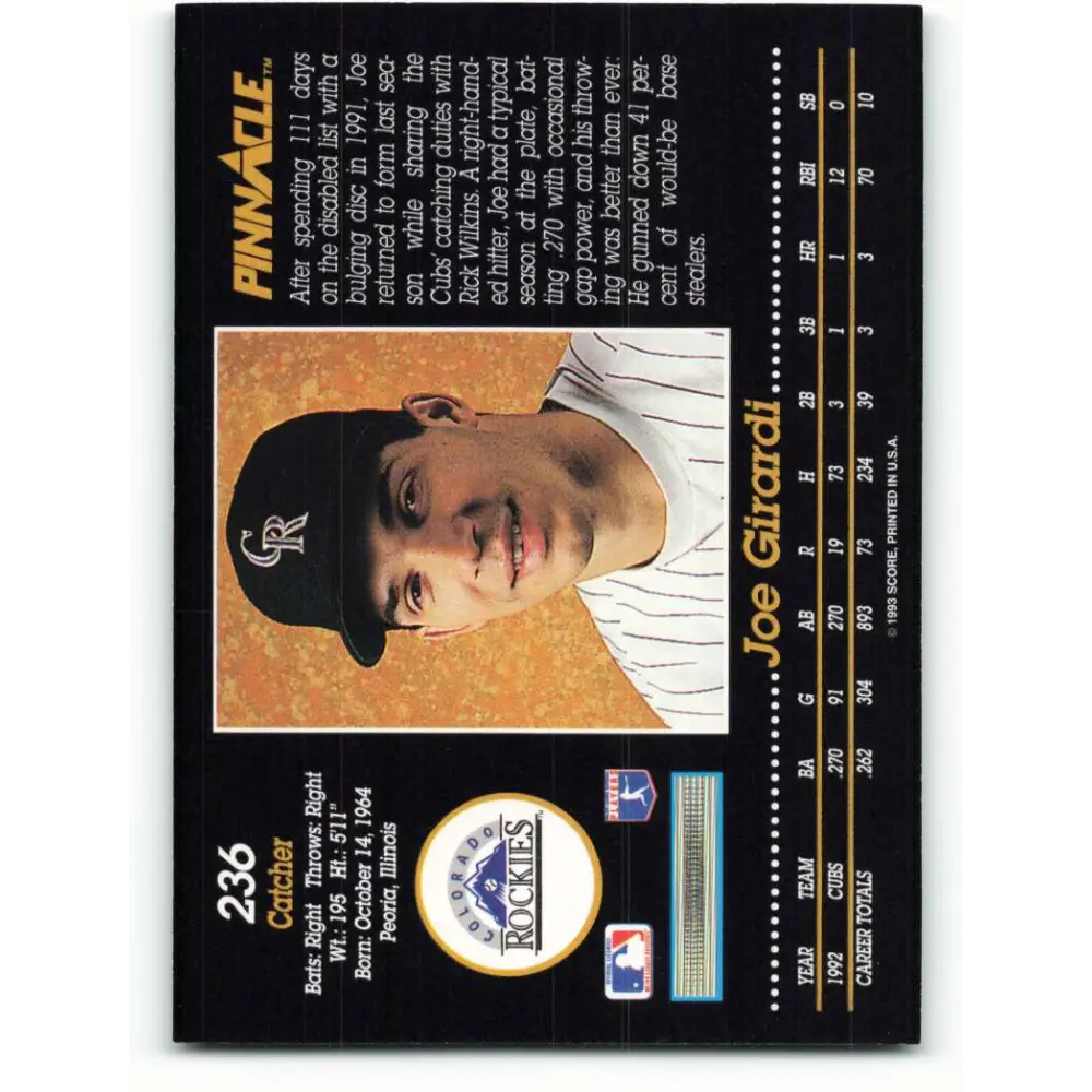 1993 Pinnacle #236 Joe Girardi NM-MT Colorado Rockies Baseball Card Image 2