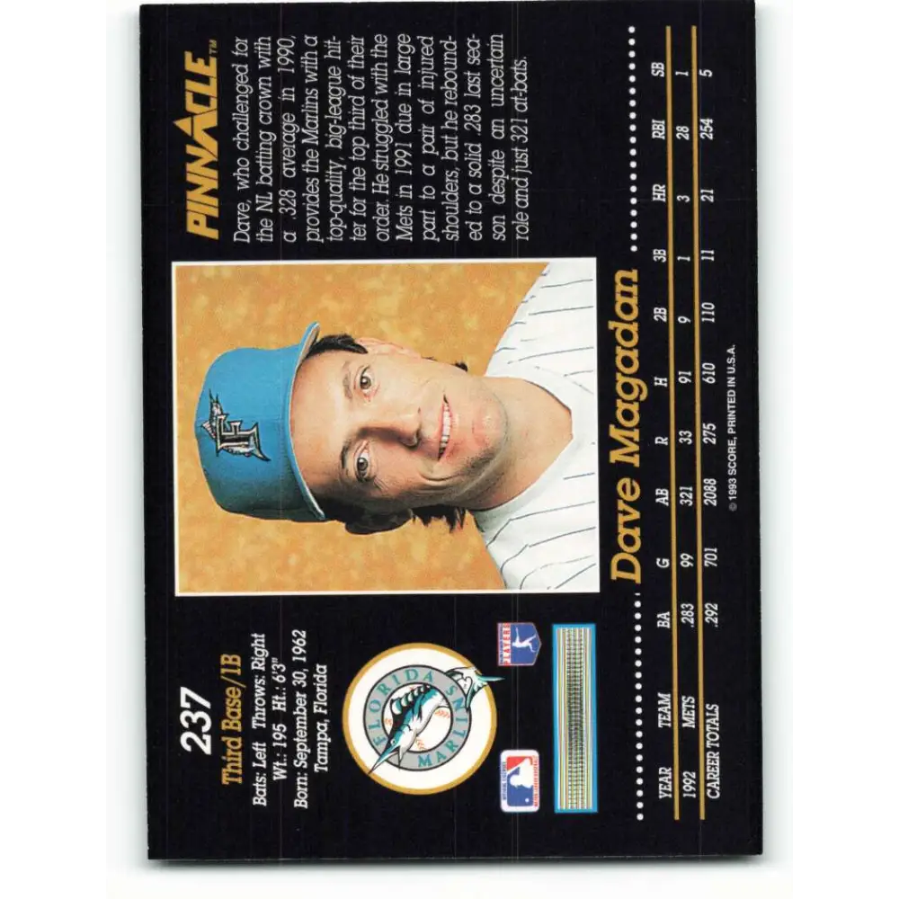 1993 Pinnacle #237 Dave Magadan NM-MT Florida Marlins Baseball Card Image 2