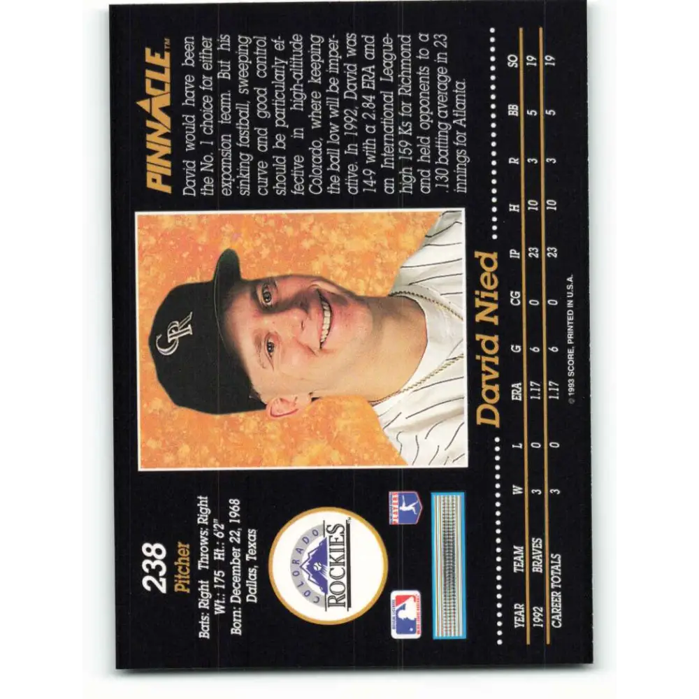 1993 Pinnacle #238 David Nied NM-MT Colorado Rockies Baseball Card Image 2