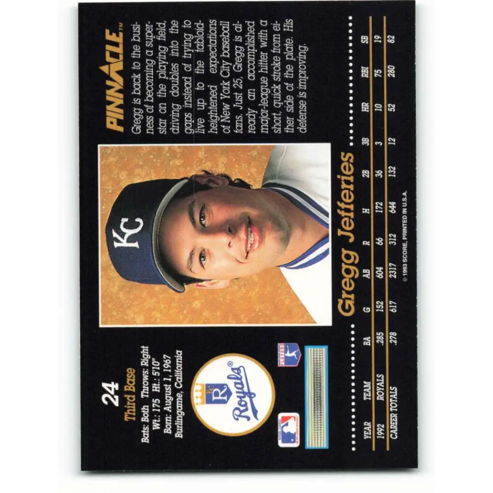 1993 Pinnacle #24 Gregg Jefferies NM-MT Kansas City Royals Baseball Card Image 2