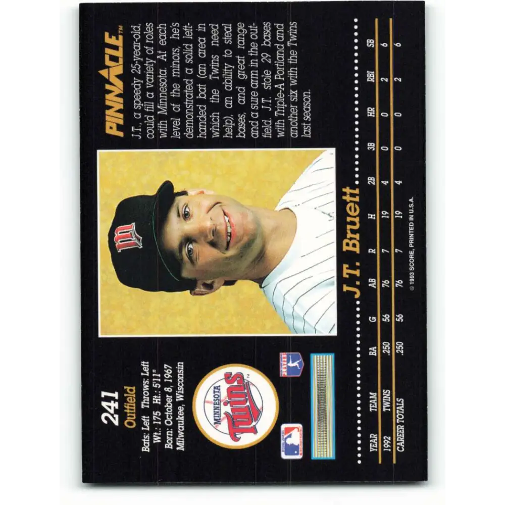1993 Pinnacle #241 J.T. Bruett NM-MT Minnesota Twins Baseball Card Image 2