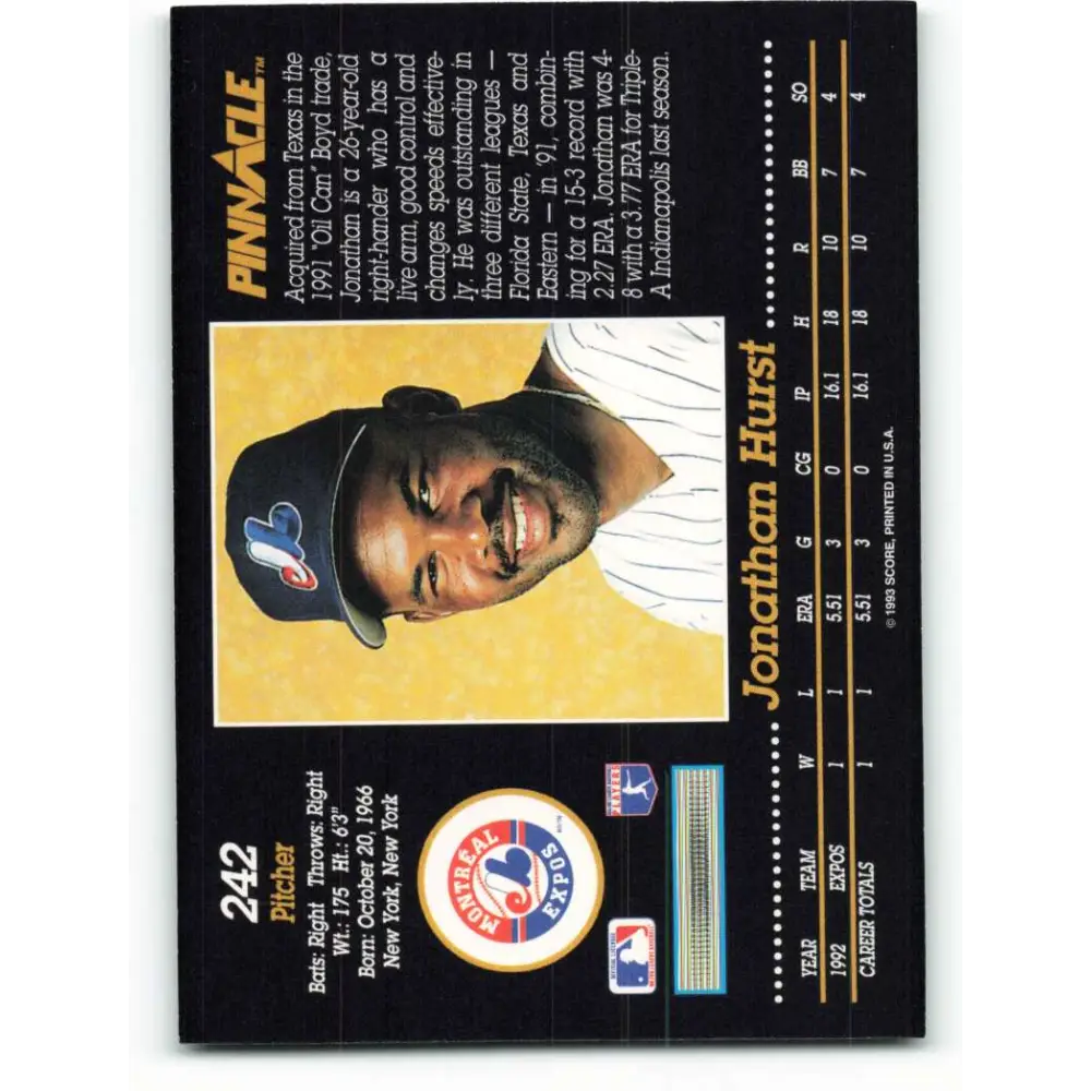 1993 Pinnacle #242 Jonathan Hurst NM-MT Montreal Expos Baseball Card Image 2