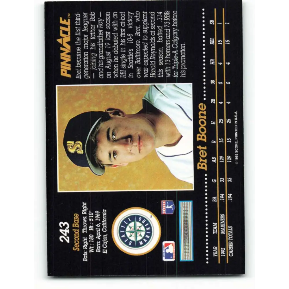 1993 Pinnacle #243 Bret Boone NM-MT Seattle Mariners Baseball Card Image 2