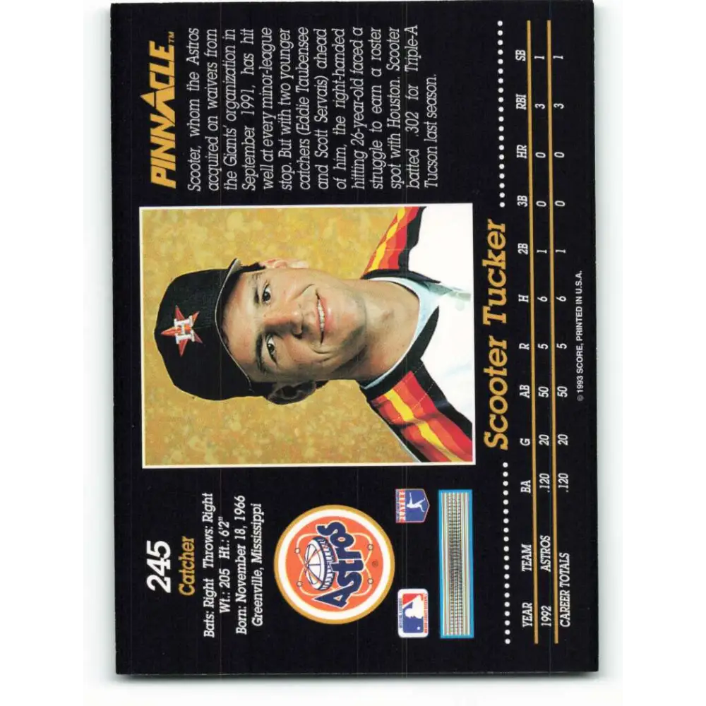 1993 Pinnacle #245 Scooter Tucker NM-MT Houston Astros Baseball Card Image 2