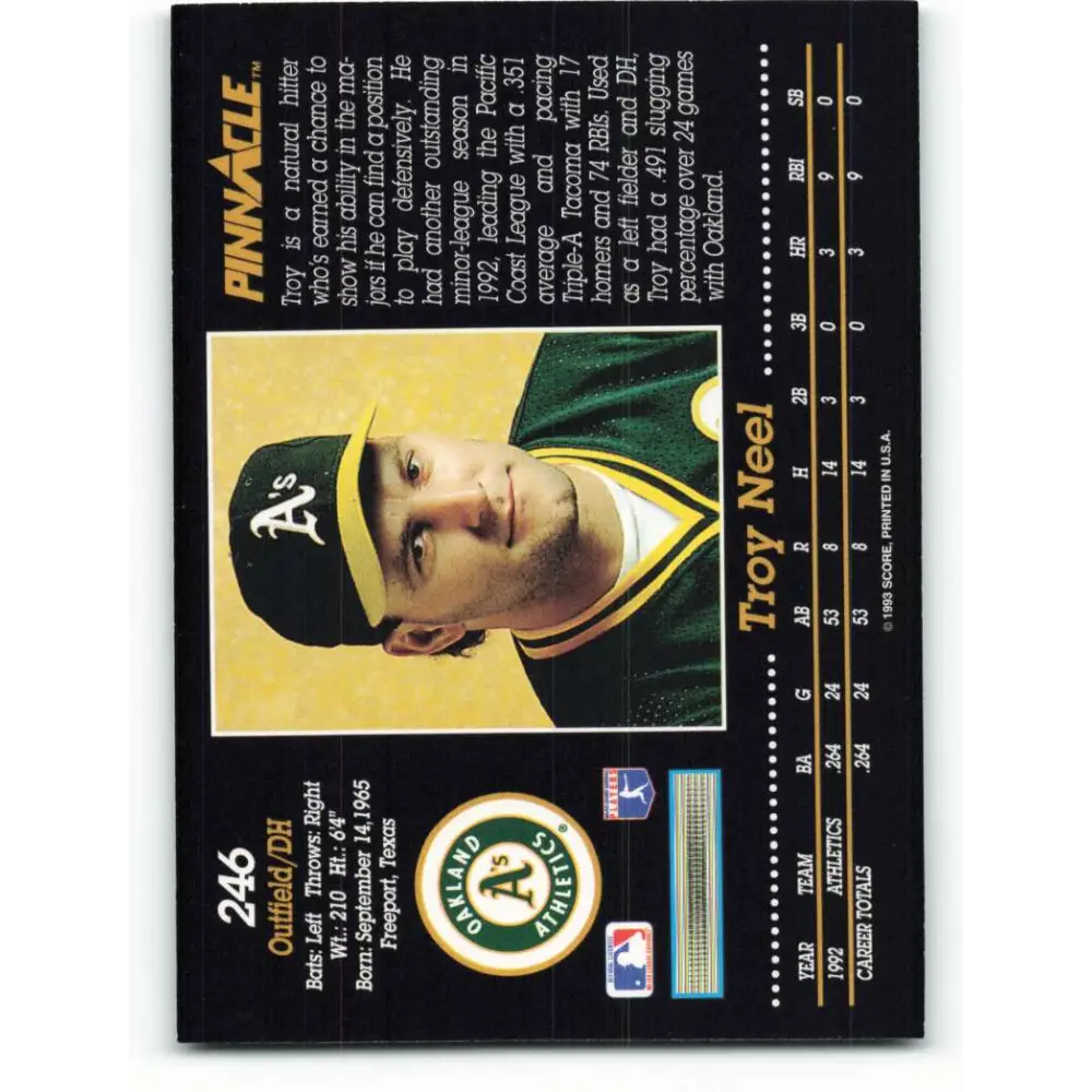 1993 Pinnacle #246 Troy Neel NM-MT Oakland Athletics Baseball Card Image 2