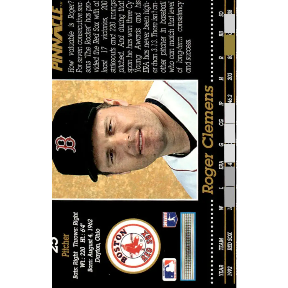 1993 Pinnacle #25 Roger Clemens EX/NM Boston Red Sox Baseball Card Image 2