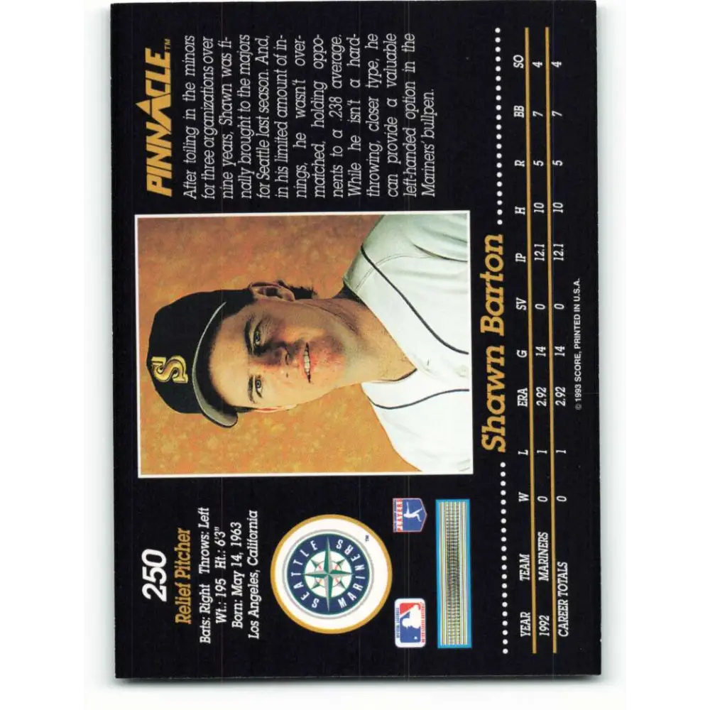 1993 Pinnacle #250 Shawn Barton NM-MT RC Rookie Seattle Mariners Baseball Card Image 2