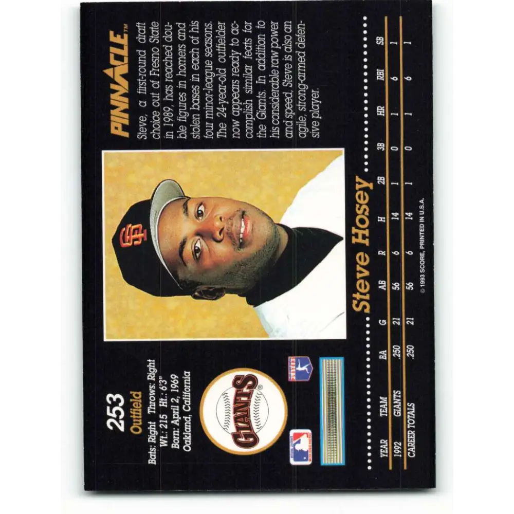 1993 Pinnacle #253 Steve Hosey NM-MT San Francisco Giants Baseball Card Image 2