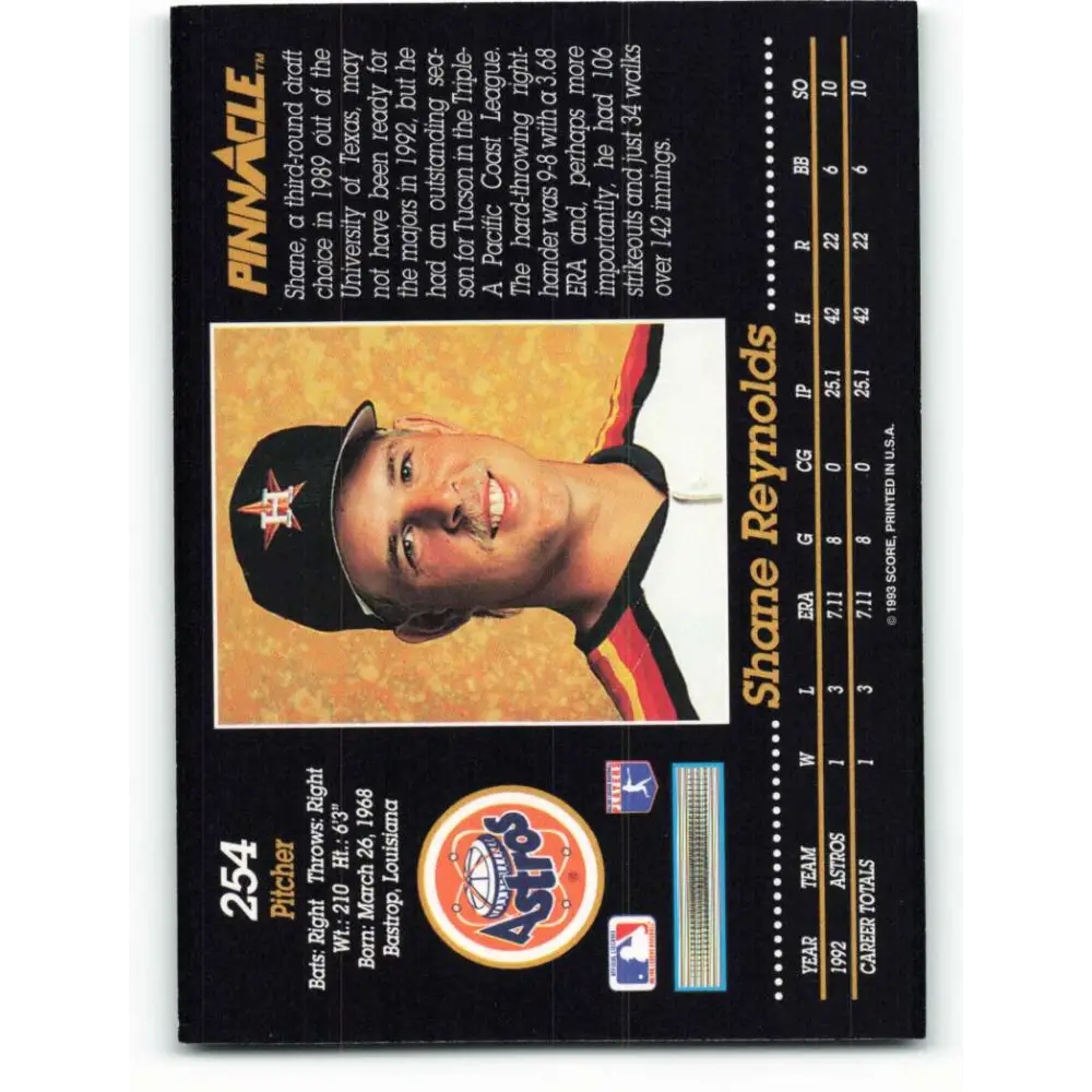 1993 Pinnacle #254 Shane Reynolds NM-MT Houston Astros Baseball Card Image 2