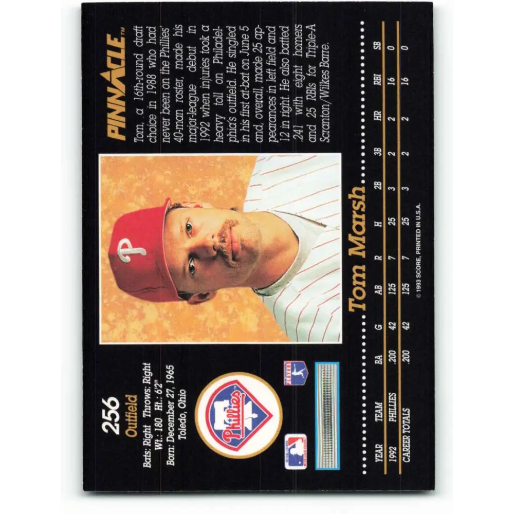 1993 Pinnacle #256 Tom Marsh NM-MT Philadelphia Phillies Baseball Card Image 2