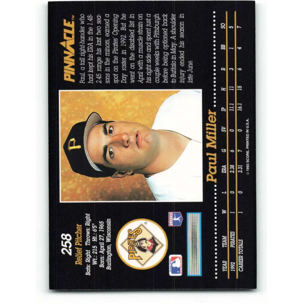 1993 Pinnacle #258 Paul Miller NM-MT Pittsburgh Pirates Baseball Card Image 2