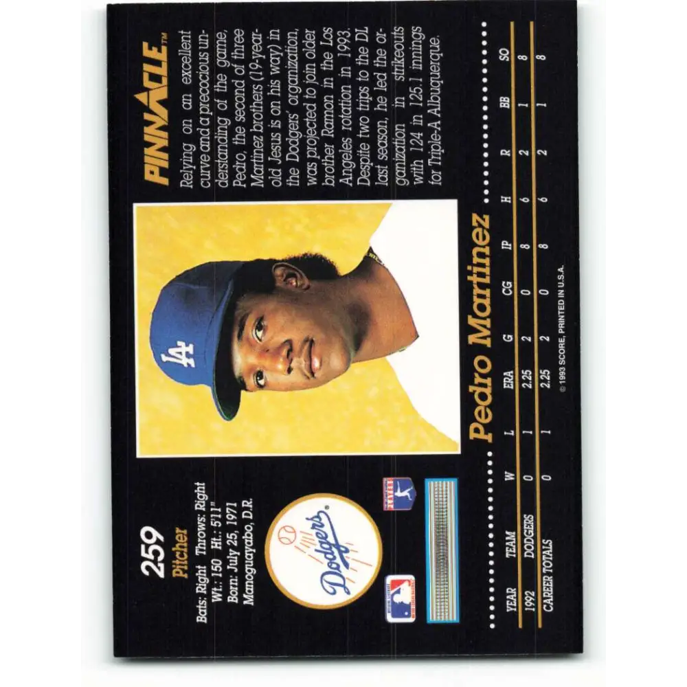 1993 Pinnacle #259 Pedro Martinez NM-MT Los Angeles Dodgers Baseball Card Image 2