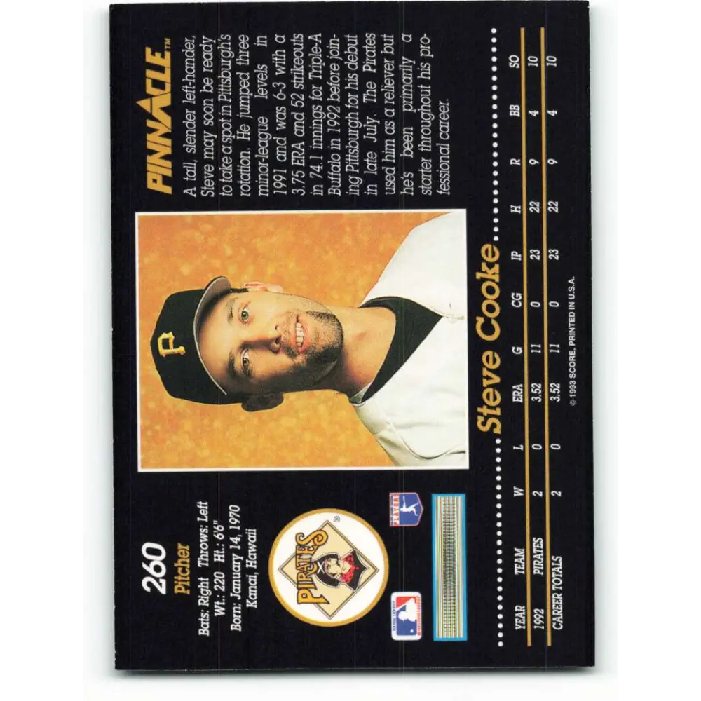 1993 Pinnacle #260 Steve Cooke NM-MT Pittsburgh Pirates Baseball Card Image 2