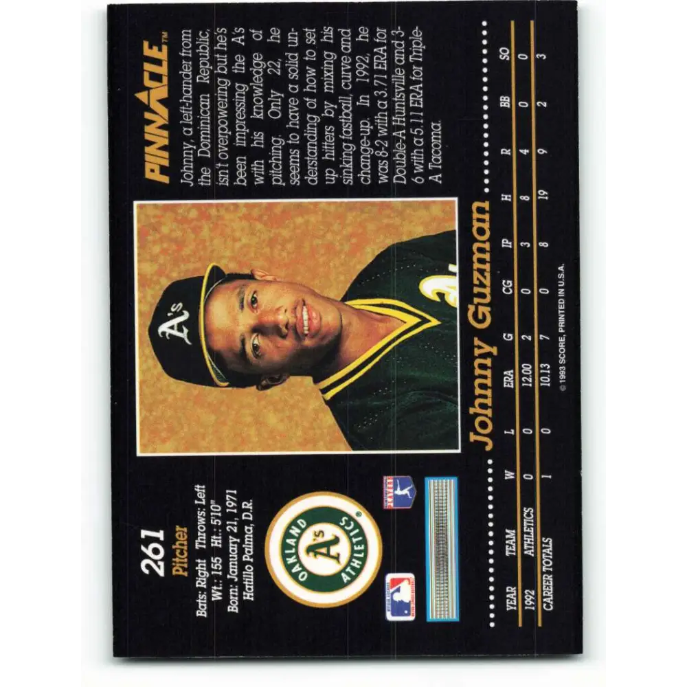 1993 Pinnacle #261 Johnny Guzman NM-MT Oakland Athletics Baseball Card Image 2