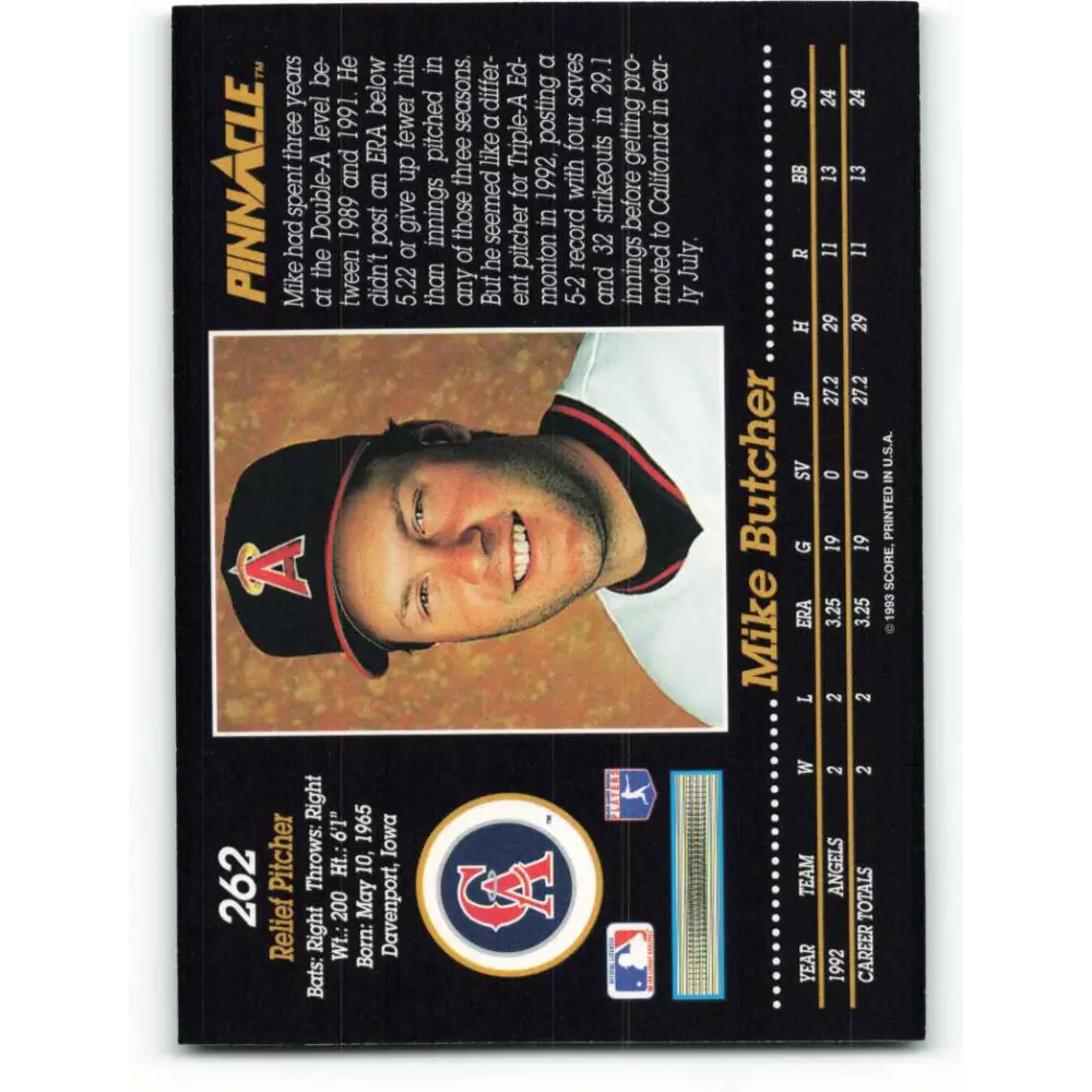 1993 Pinnacle #262 Mike Butcher NM-MT California Angels Baseball Card Image 2