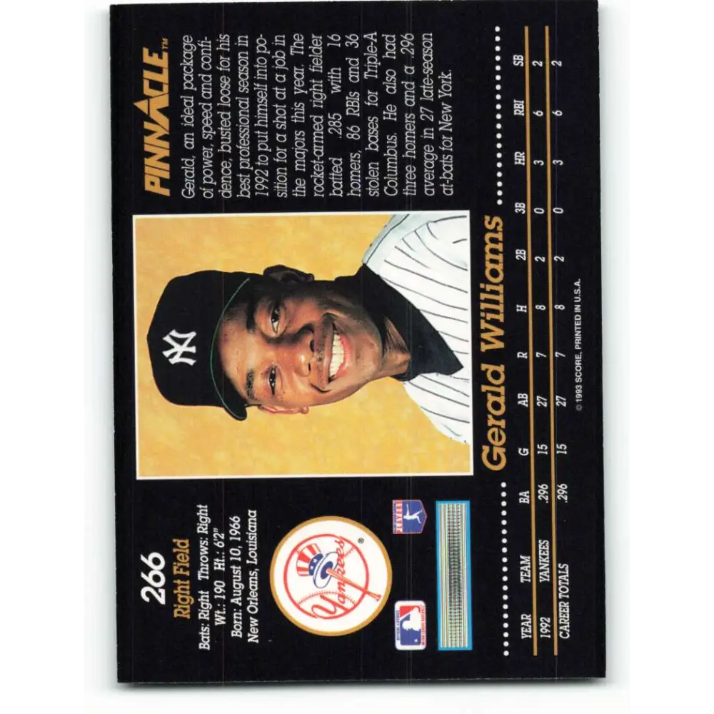 1993 Pinnacle #266 Gerald Williams NM-MT New York Yankees Baseball Card Image 2