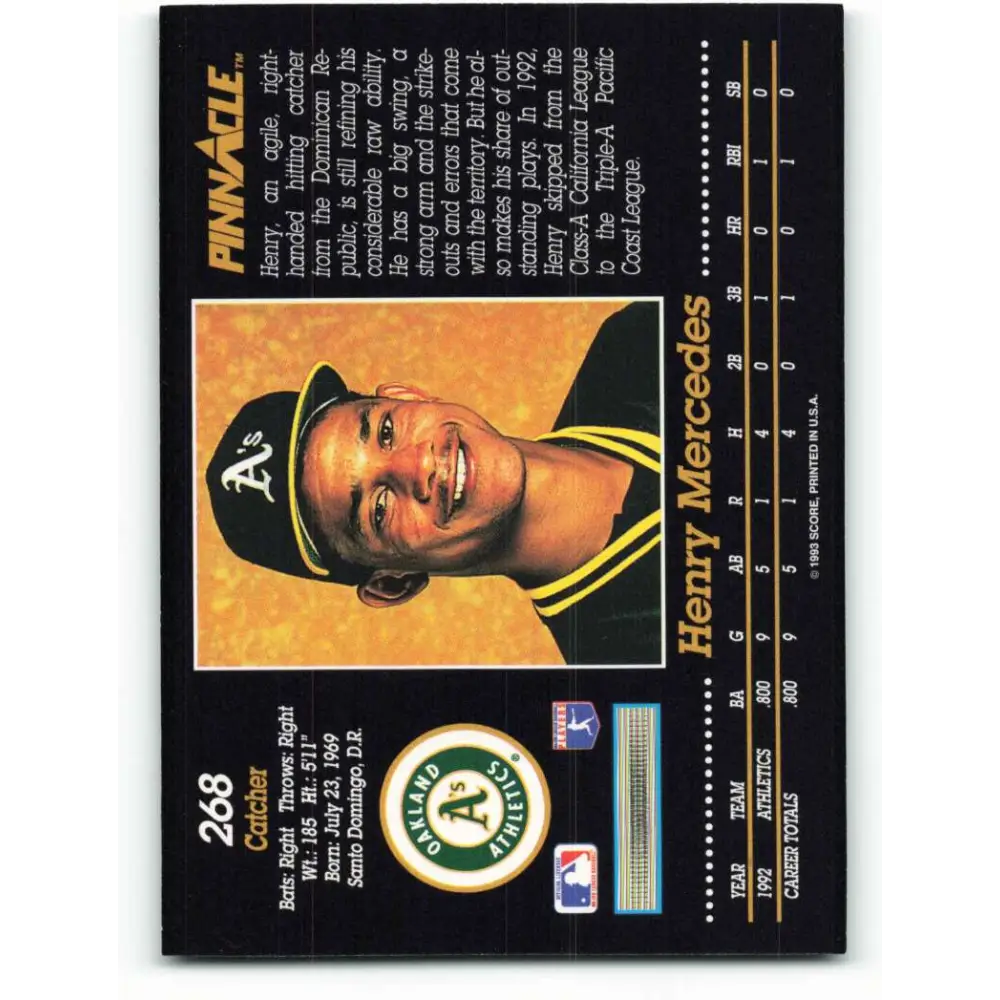 1993 Pinnacle #268 Henry Mercedes NM-MT Oakland Athletics Baseball Card Image 2