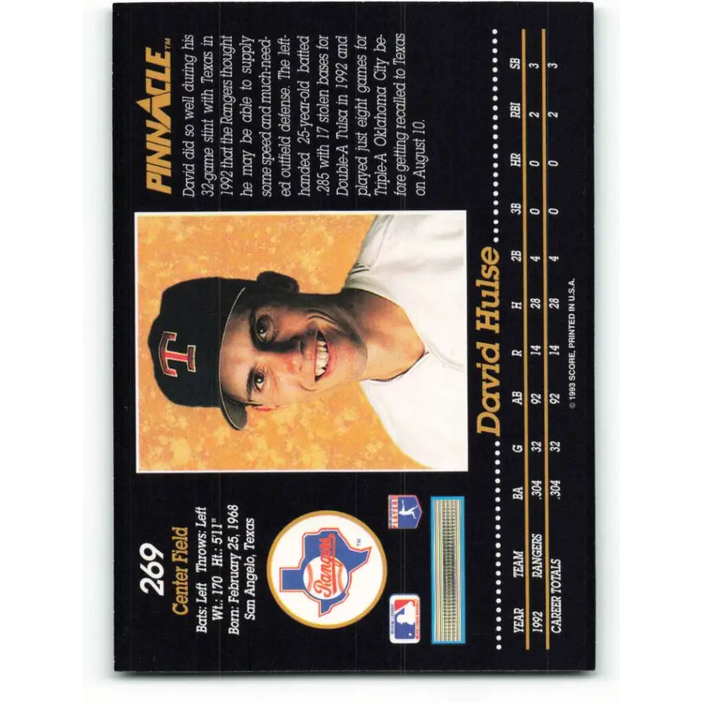1993 Pinnacle #269 David Hulse NM-MT RC Rookie Texas Rangers Baseball Card Image 2