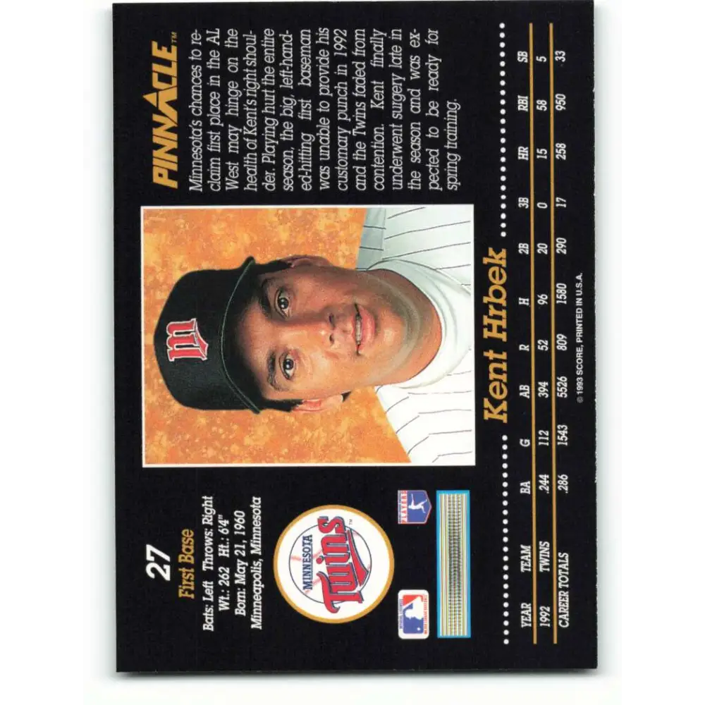 1993 Pinnacle #27 Kent Hrbek NM-MT Minnesota Twins Baseball Card Image 2