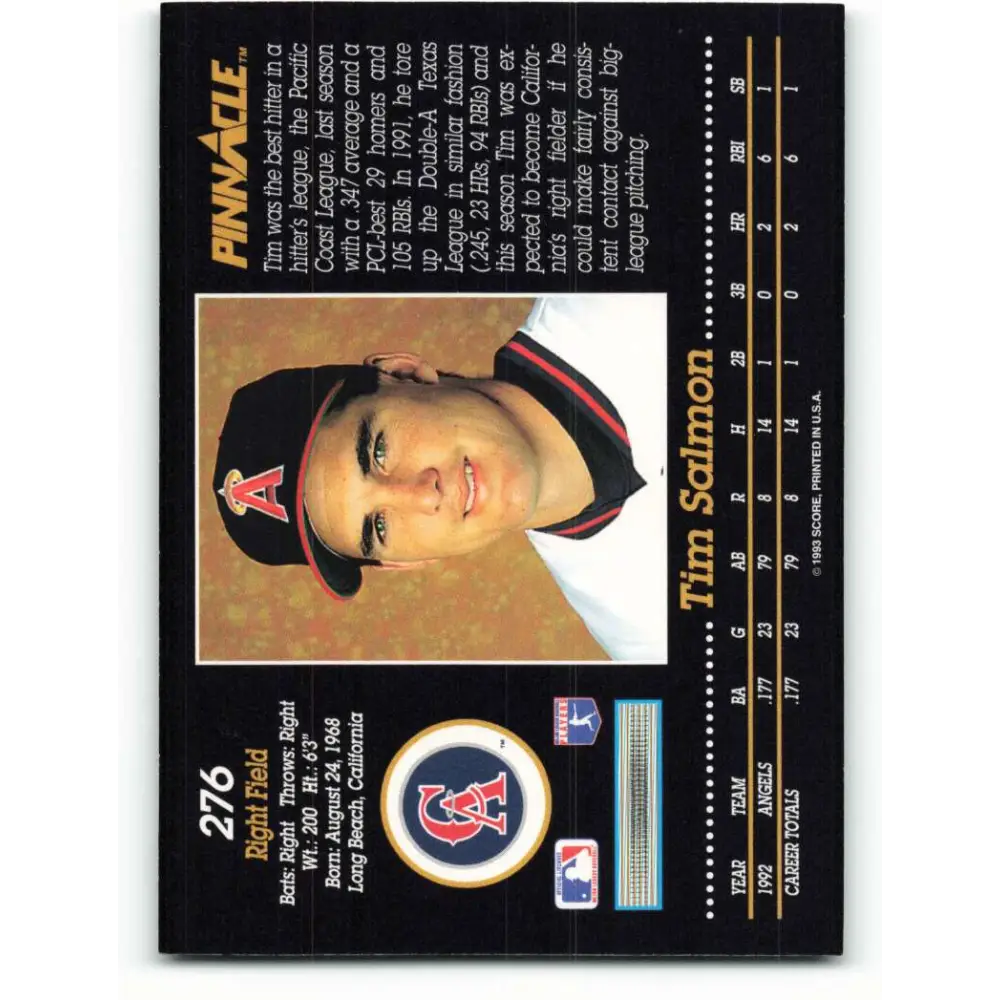 1993 Pinnacle #276 Tim Salmon NM-MT California Angels Baseball Card Image 2