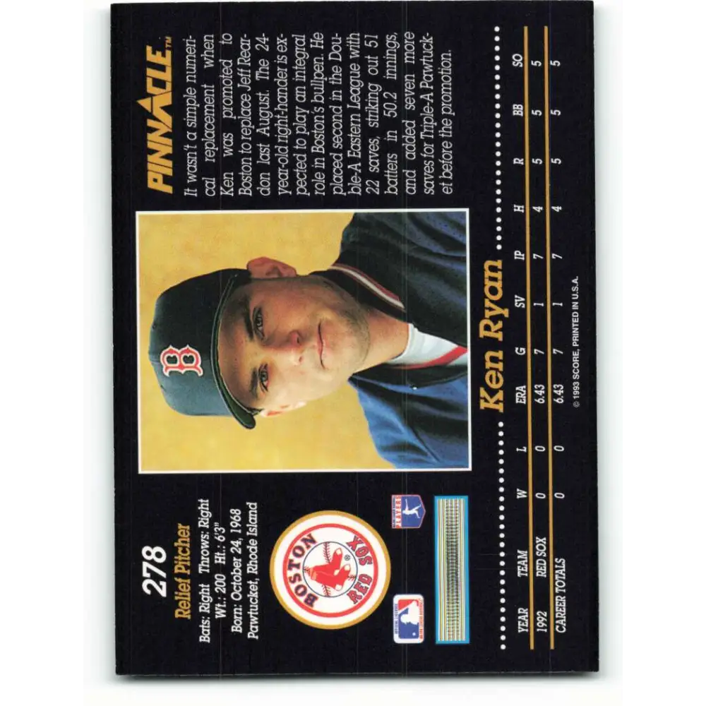 1993 Pinnacle #278 Ken Ryan NM-MT RC Rookie Boston Red Sox Baseball Card Image 2