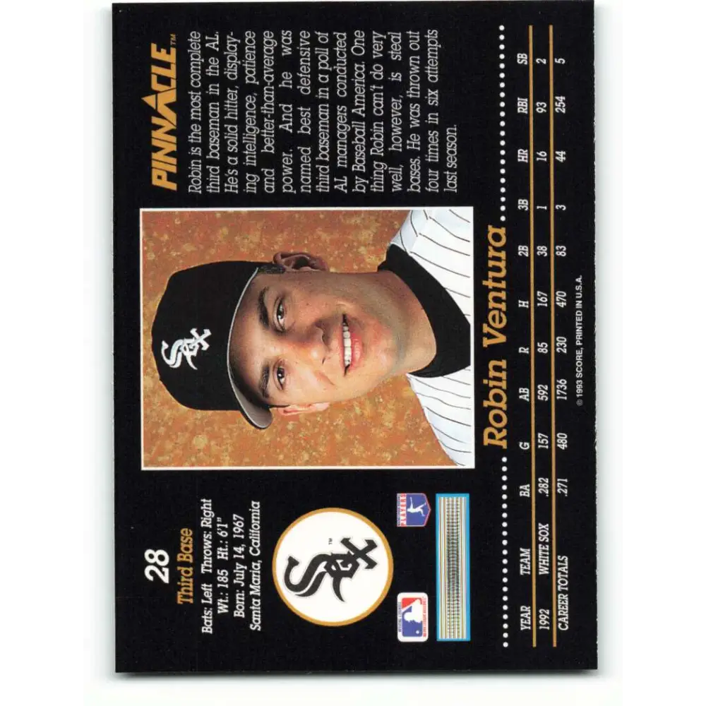 1993 Pinnacle #28 Robin Ventura NM-MT Chicago White Sox Baseball Card Image 2