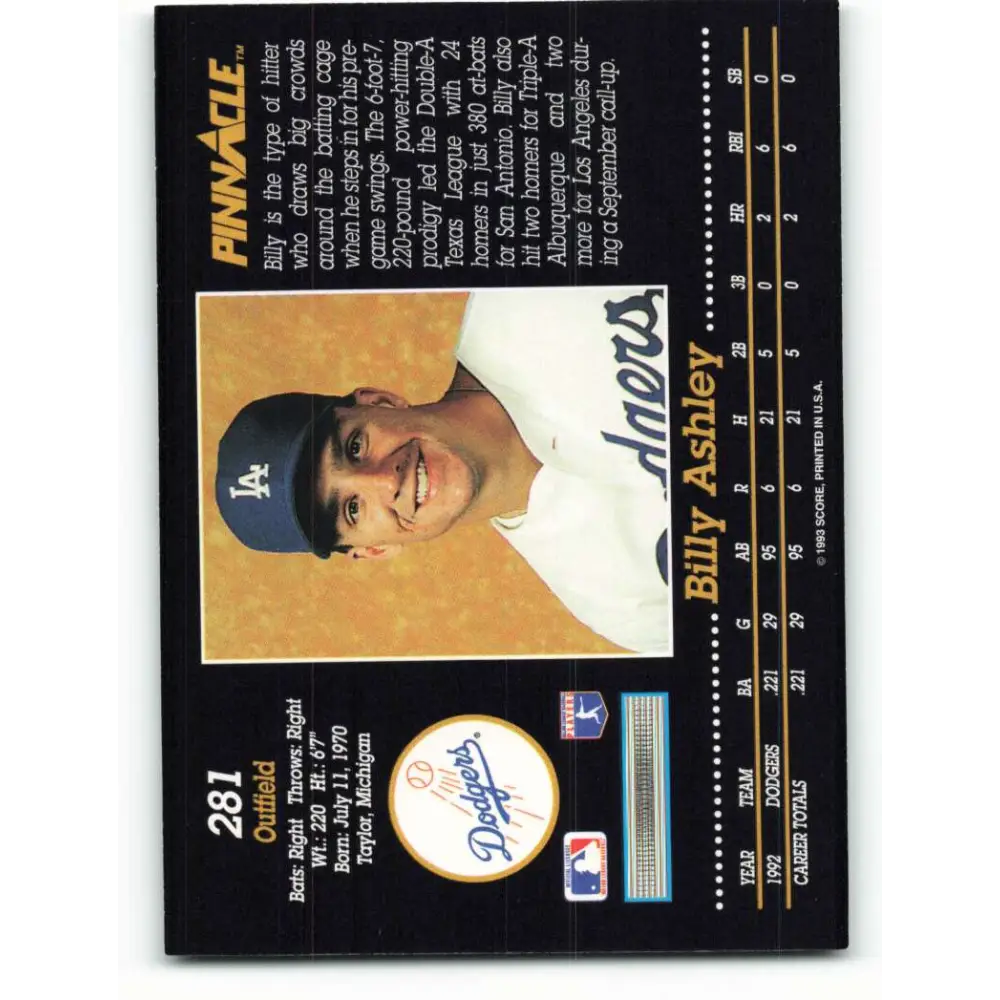 1993 Pinnacle #281 Billy Ashley NM-MT Los Angeles Dodgers Baseball Card Image 2