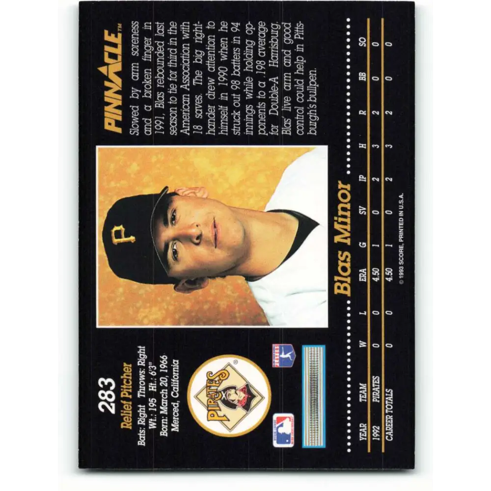 1993 Pinnacle #283 Blas Minor NM-MT Pittsburgh Pirates Baseball Card Image 2