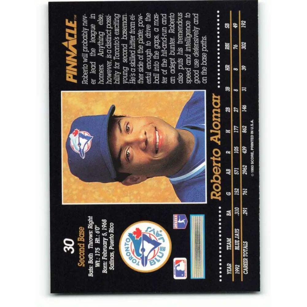 1993 Pinnacle #30 Roberto Alomar NM-MT Toronto Blue Jays Baseball Card Image 2