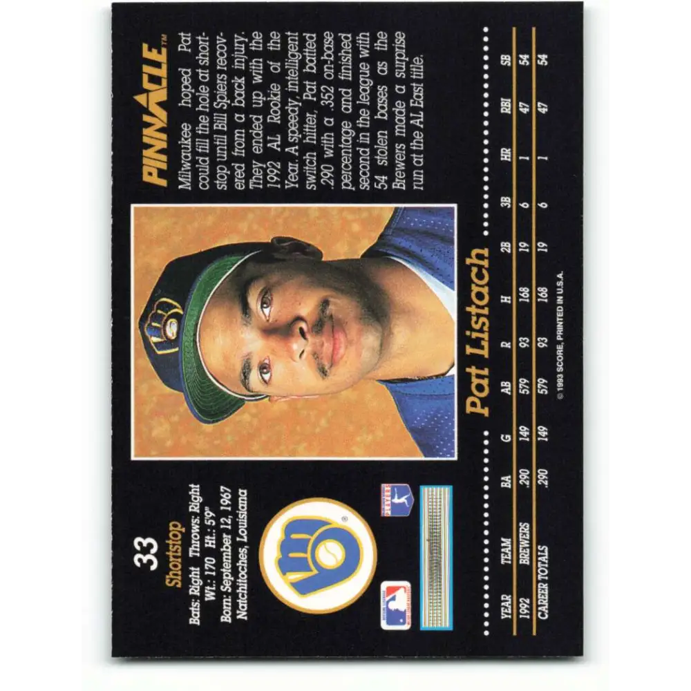 1993 Pinnacle #33 Pat Listach NM-MT Milwaukee Brewers Baseball Card Image 2