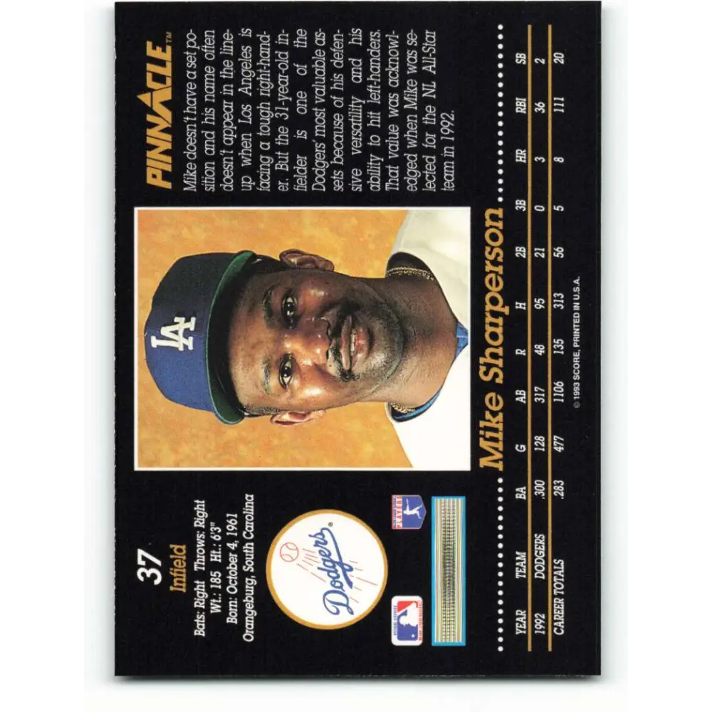 1993 Pinnacle #37 Mike Sharperson NM-MT Los Angeles Dodgers Baseball Card Image 2