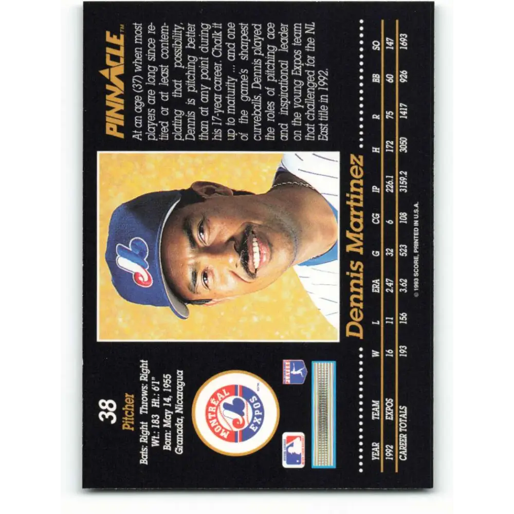 1993 Pinnacle #38 Dennis Martinez NM-MT Montreal Expos Baseball Card Image 2