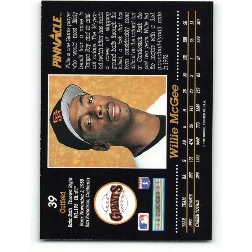 1993 Pinnacle #39 Willie McGee NM-MT San Francisco Giants Baseball Card Image 2