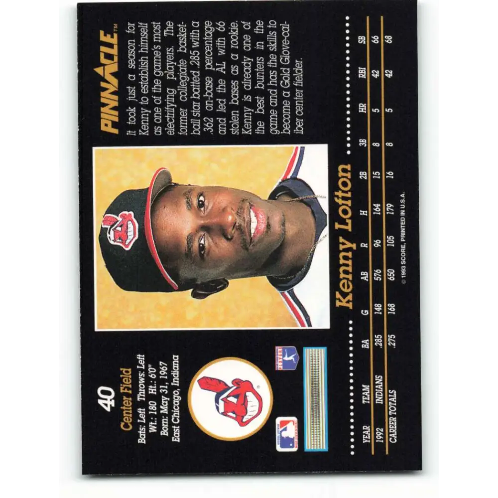 1993 Pinnacle #40 Kenny Lofton NM-MT Cleveland Indians Baseball Card Image 2